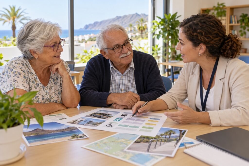 Dos personas mayores conversan con una profesional sobre servicios públicos en una imagen ilustrativa.